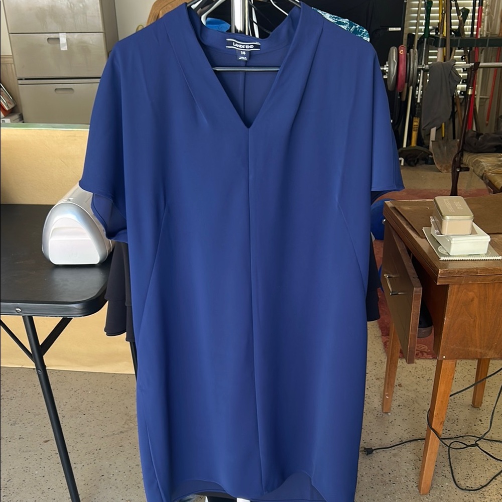 Lands' End Navy Blue Short Sleeve Chiffon Flowy Dress 14
